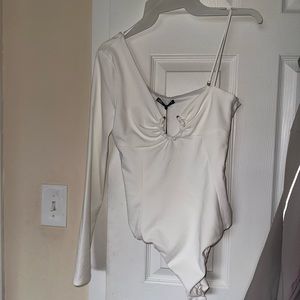 Zara White Body Suit Asymmetrical Long Sleeve